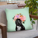 Bulldog with Flower Crown in Green Throw Pillow by Big Nose Work