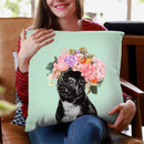 Bulldog with Flower Crown in Green Throw Pillow by Big Nose Work