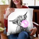 Highland Cow with Bubble Gum Black and White Throw Pillow by Big Nose Work