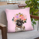 Pug with Flower Crown in Pink Throw Pillow by Big Nose Work