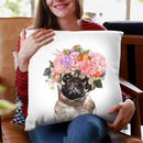 Pug with Flower Crown Throw Pillow by Big Nose Work