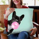 Sneaky Bulldog with Bubble Gum in Green Throw Pillow by Big Nose Work
