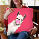 Sneaky Llama with Bubble Gum in Red Throw Pillow by Big Nose Work